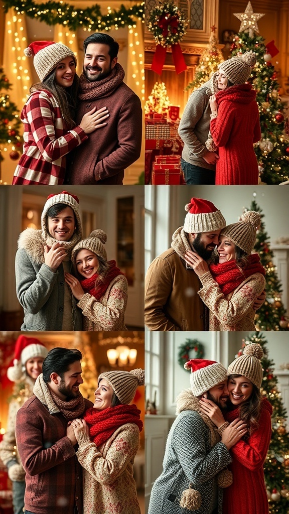 A couple in Christmas attire sharing joyful moments, exchanging gifts and enjoying the holiday spirit.